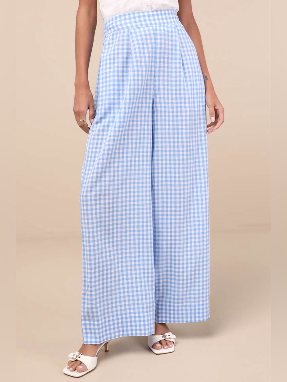 Delphine Blue and White Gingham Wide-Leg Pants - Picture 3 of 7